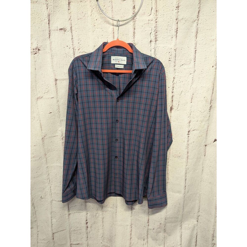 MIZZEN + MAIN Shirt Men's XL Trim Fit Grayish Blue Red Long Sleeve‎ Plaid Button